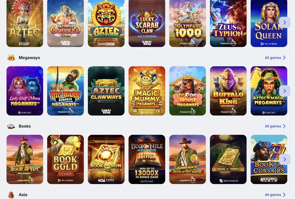 Categorias Megaways e Books no catálogo de slots do Glory Casino Brasil