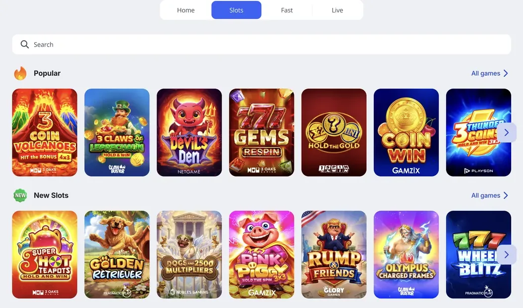 Lobby de slots do Glory Casino Brasil com jogos populares e lançamentos